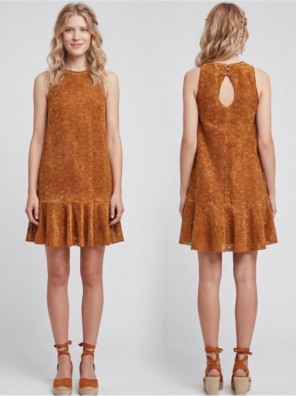 Anthropologie Maeve Amis Lace Drop Waist Dress Mango Burnt Orange Brown 6 NWOT
